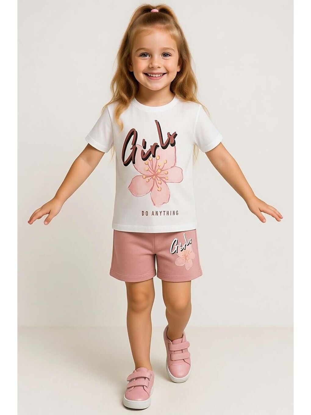 Pembe Kız Çocuk Üzeri Girl Yazı ve Lale Detaylı T-Shirt Pudra Şortlu Takım