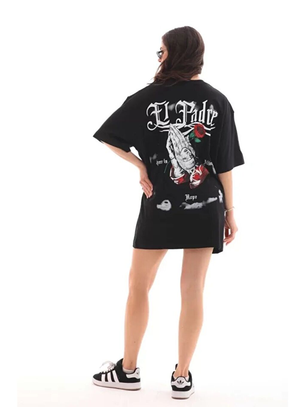 Unisex Bisiklet Yaka Baskılı Oversize T-Shirt - Siyah-1