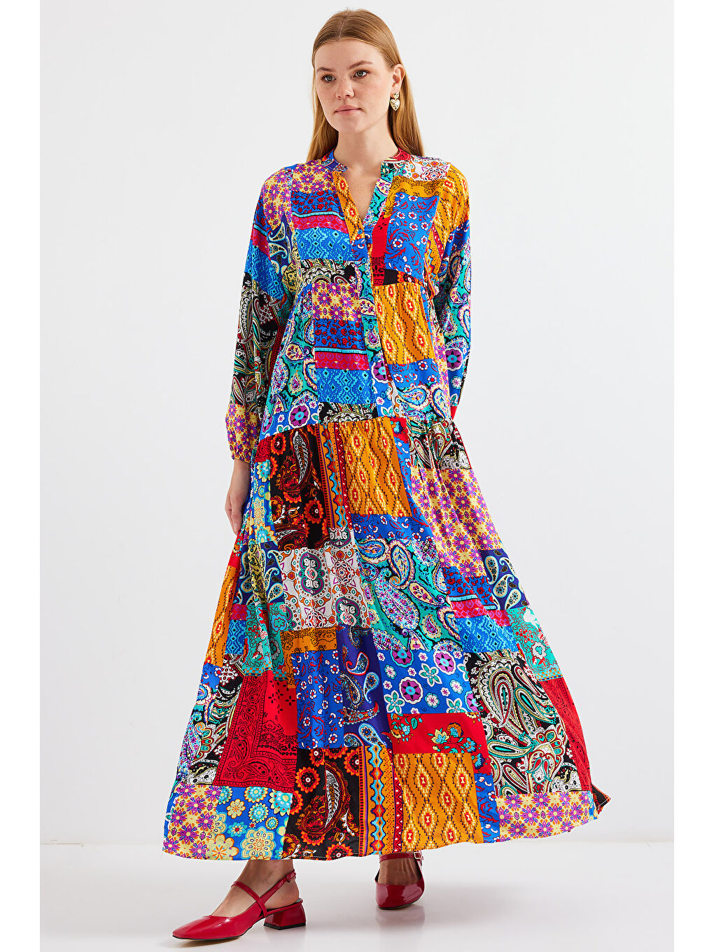 Karışık 2423 Otantik Desenli Tesettür Elbise - Çok Renkli