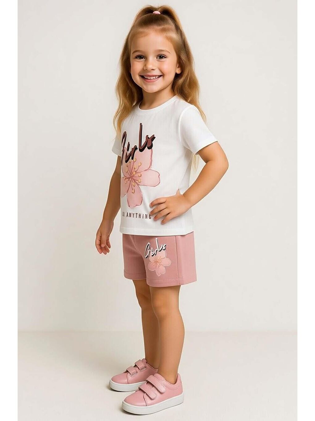 Pembe Kız Çocuk Üzeri Girl Yazı ve Lale Detaylı T-Shirt Pudra Şortlu Takım-1