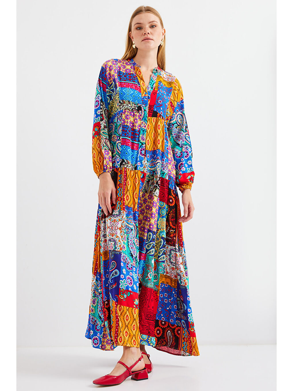 Karışık 2423 Otantik Desenli Tesettür Elbise - Çok Renkli-1