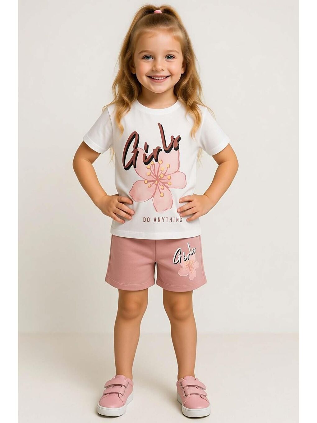 Pembe Kız Çocuk Üzeri Girl Yazı ve Lale Detaylı T-Shirt Pudra Şortlu Takım-2