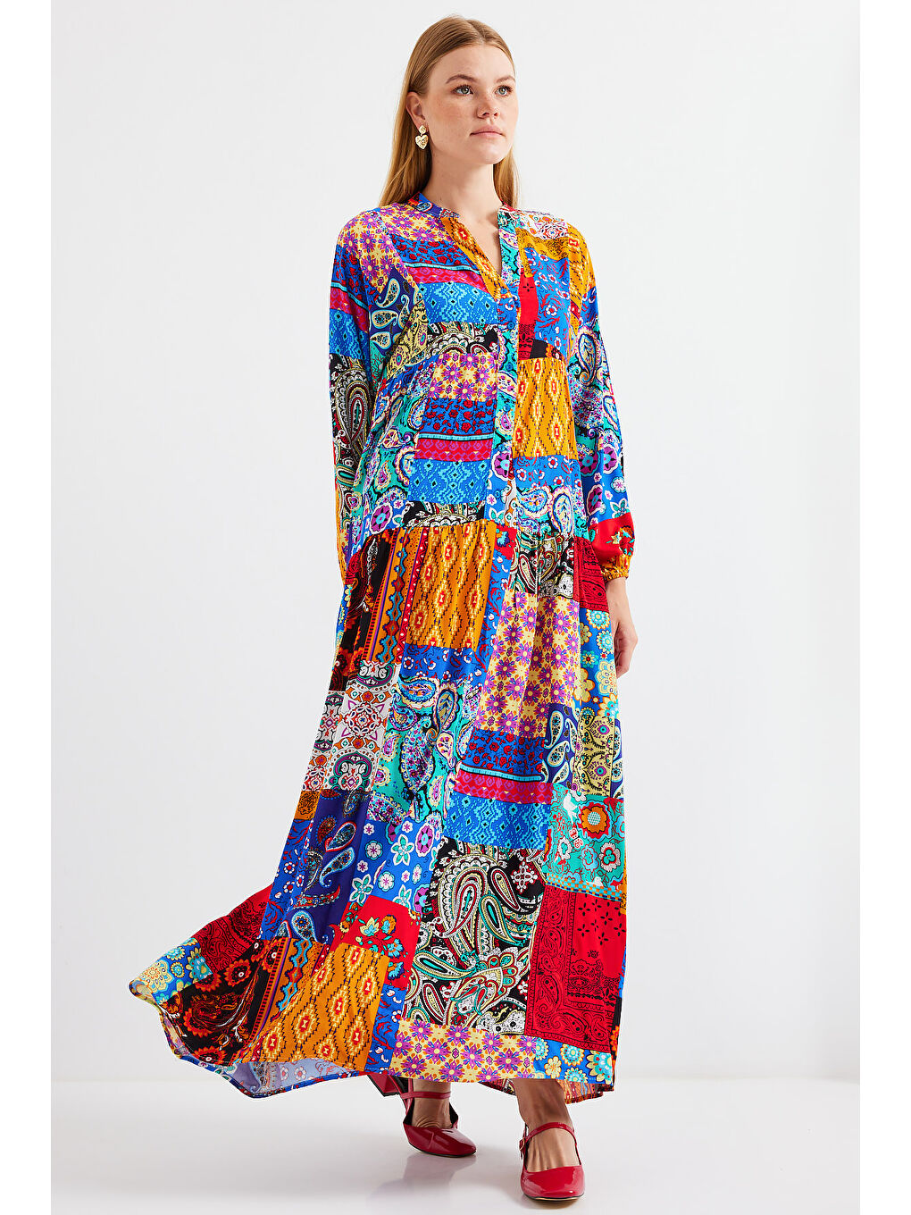 Karışık 2423 Otantik Desenli Tesettür Elbise - Çok Renkli-2