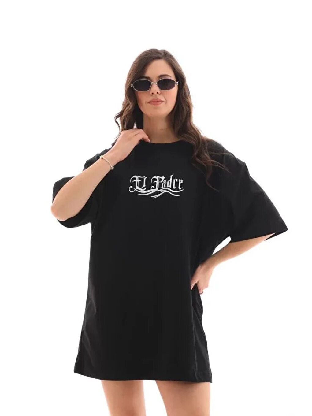 Unisex Bisiklet Yaka Baskılı Oversize T-Shirt - Siyah-2