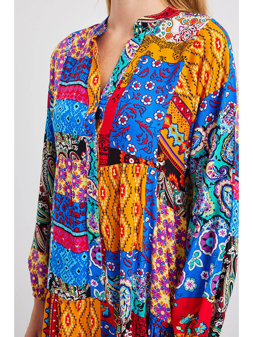 Karışık 2423 Otantik Desenli Tesettür Elbise - Çok Renkli-4