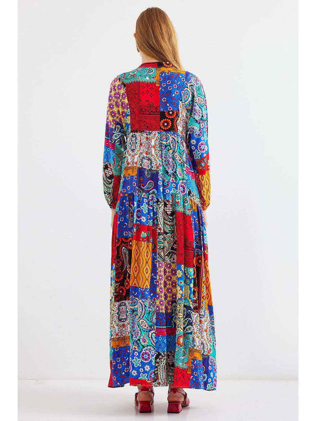 Karışık 2423 Otantik Desenli Tesettür Elbise - Çok Renkli-5