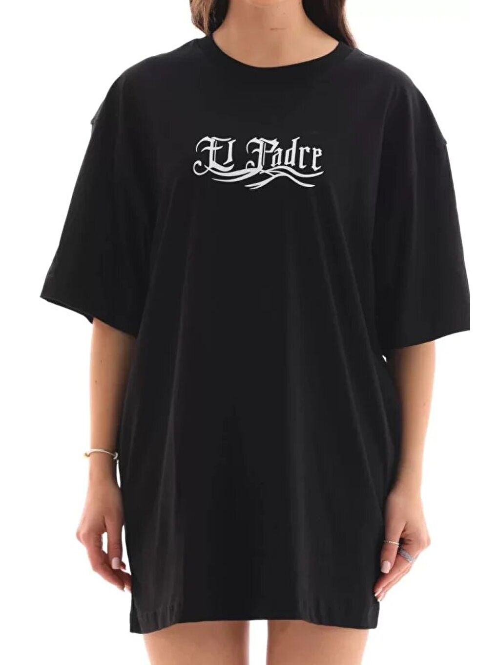 Unisex Bisiklet Yaka Baskılı Oversize T-Shirt - Siyah-3