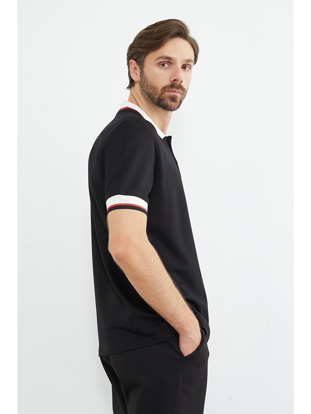 Siyah Ribanalı Polo Yaka Yarım Düğmeli Modal Tişört-3