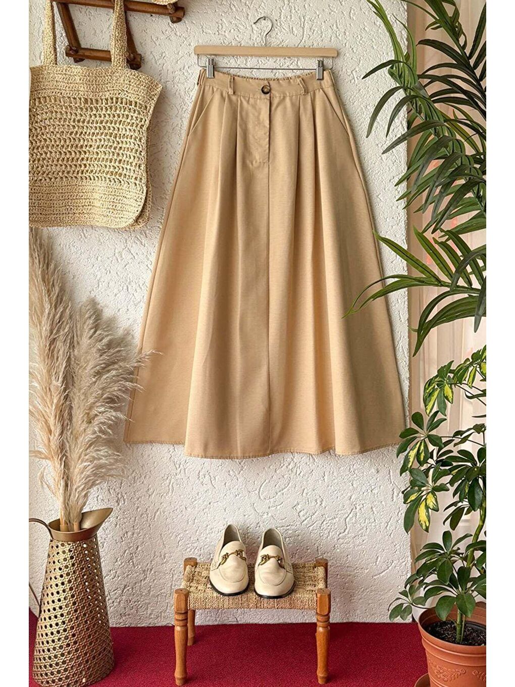 Ekru Krem Tek Düğmeli Keten Etek