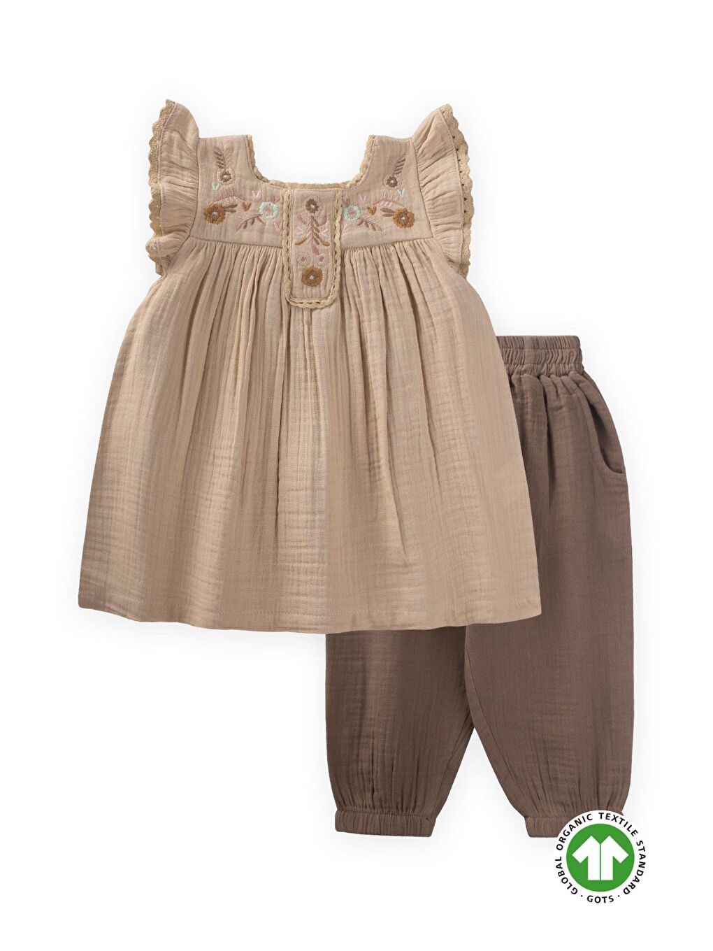 Nakışlı Organik Müslin Şalvarlı Takım 1-7 Yaş Bej