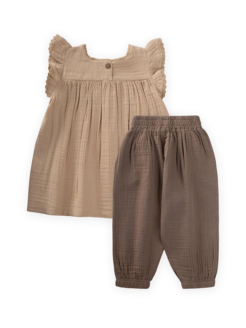 Nakışlı Organik Müslin Şalvarlı Takım 1-7 Yaş Bej-1