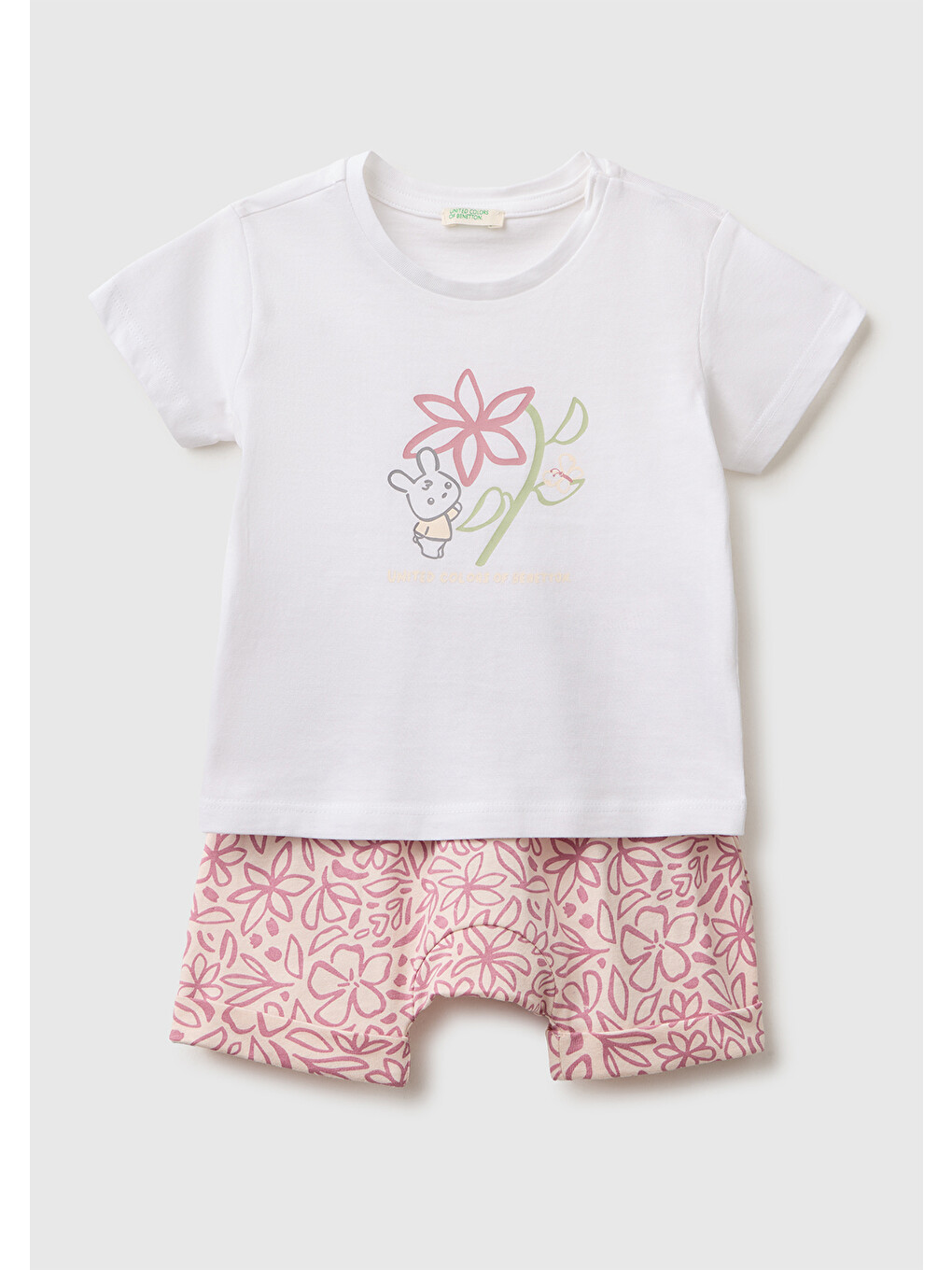 Bebek Toz Pembe Önü Baskılı Bisiklet Yaka T-Shirt ve Lastikli Şort Takımı