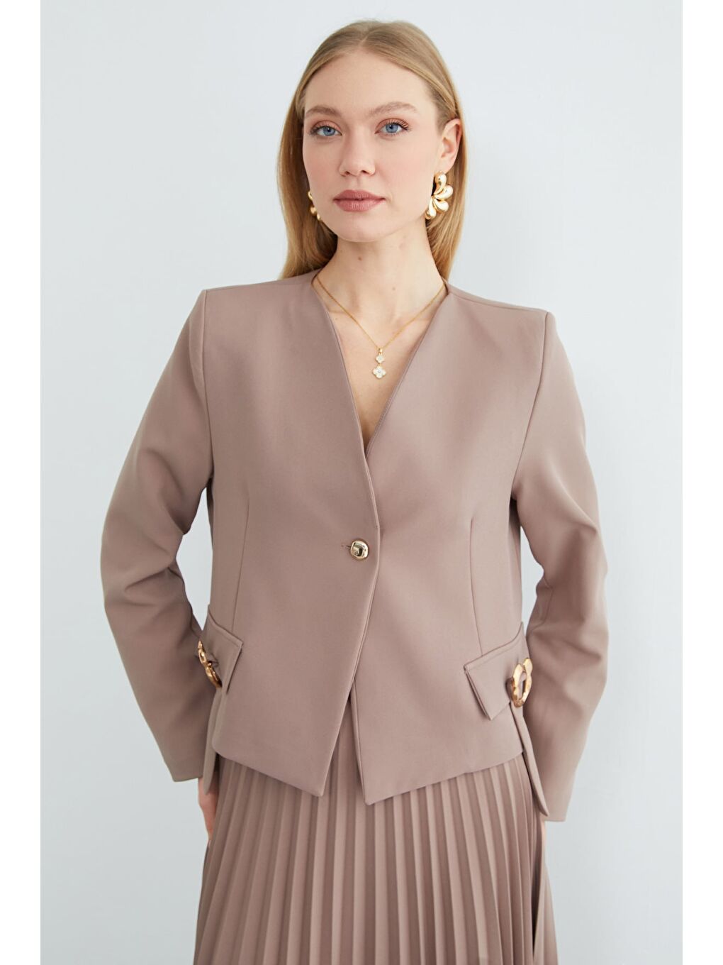 Bej Fullamodest Toka Detaylı Etekli 2 Li Takım-1