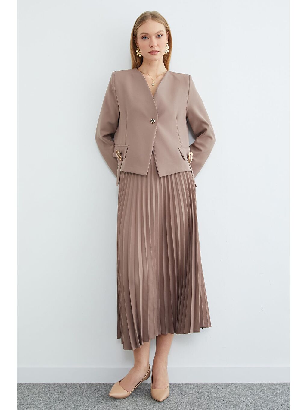 Bej Fullamodest Toka Detaylı Etekli 2 Li Takım-2