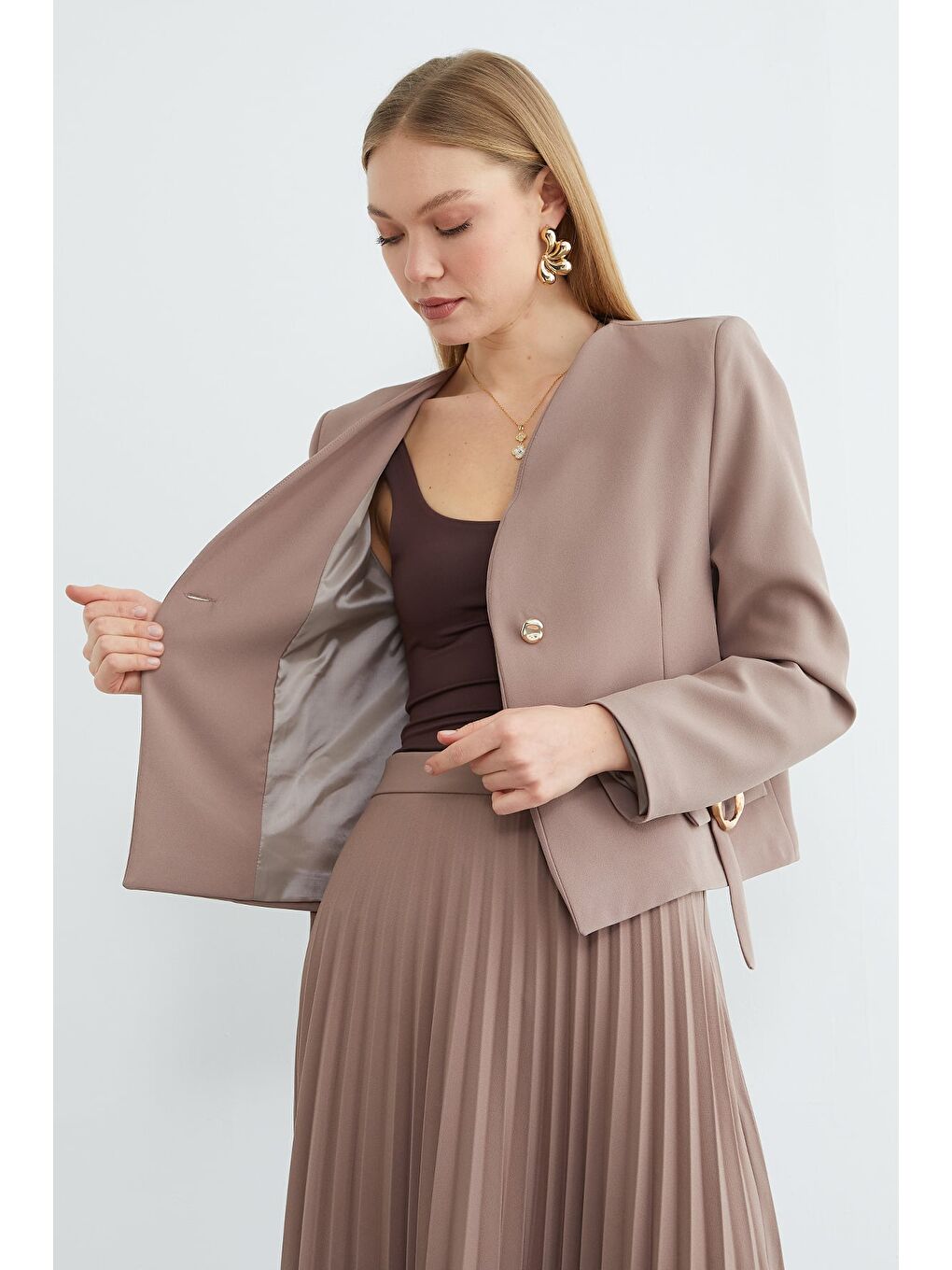 Bej Fullamodest Toka Detaylı Etekli 2 Li Takım-3