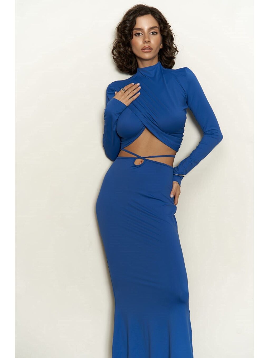 Kelsey İp Detay Saks Mavi Crop Etek Takım