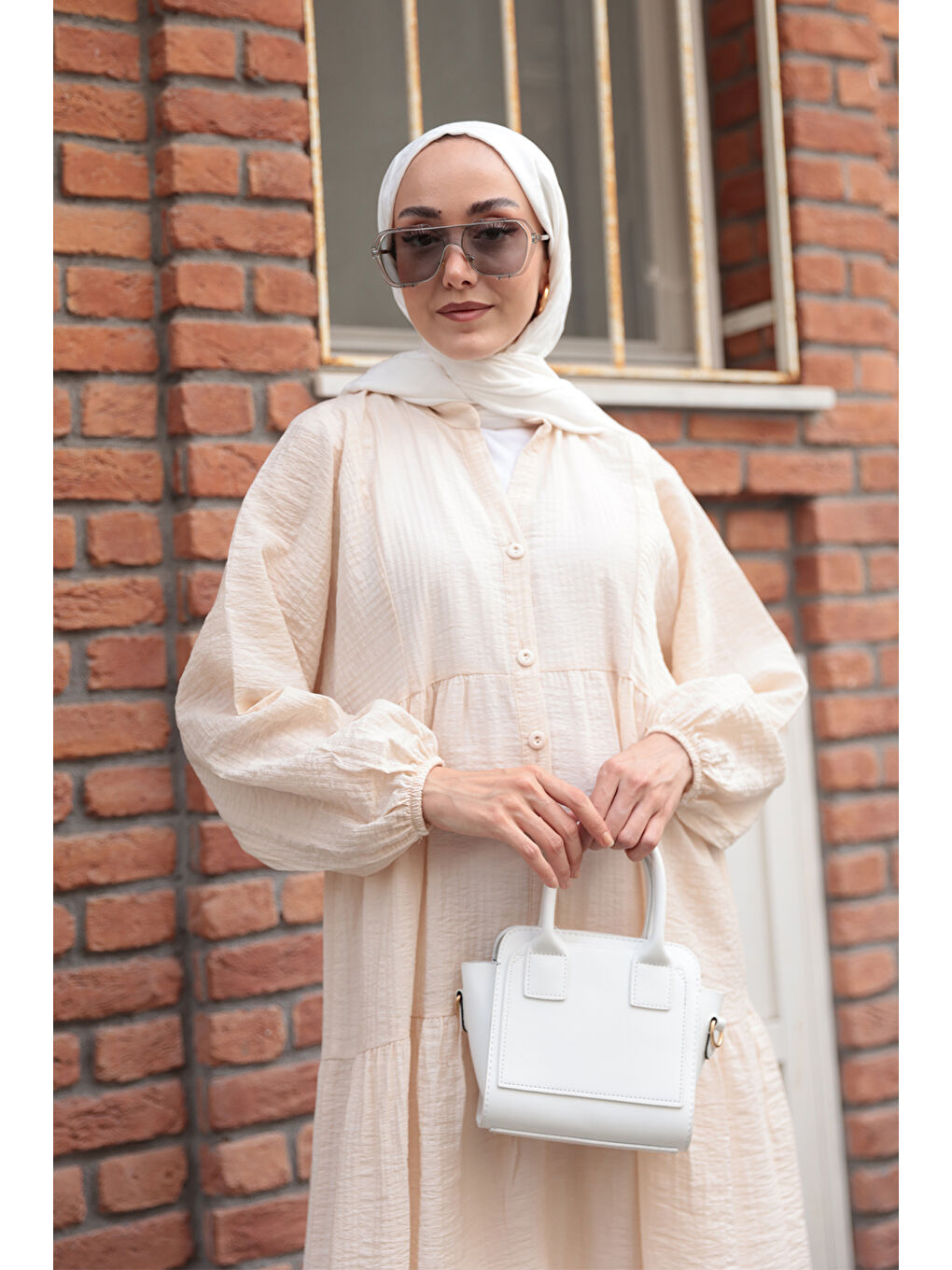 Ekru Kadın Kendinden Desenli Elbise Krem-2