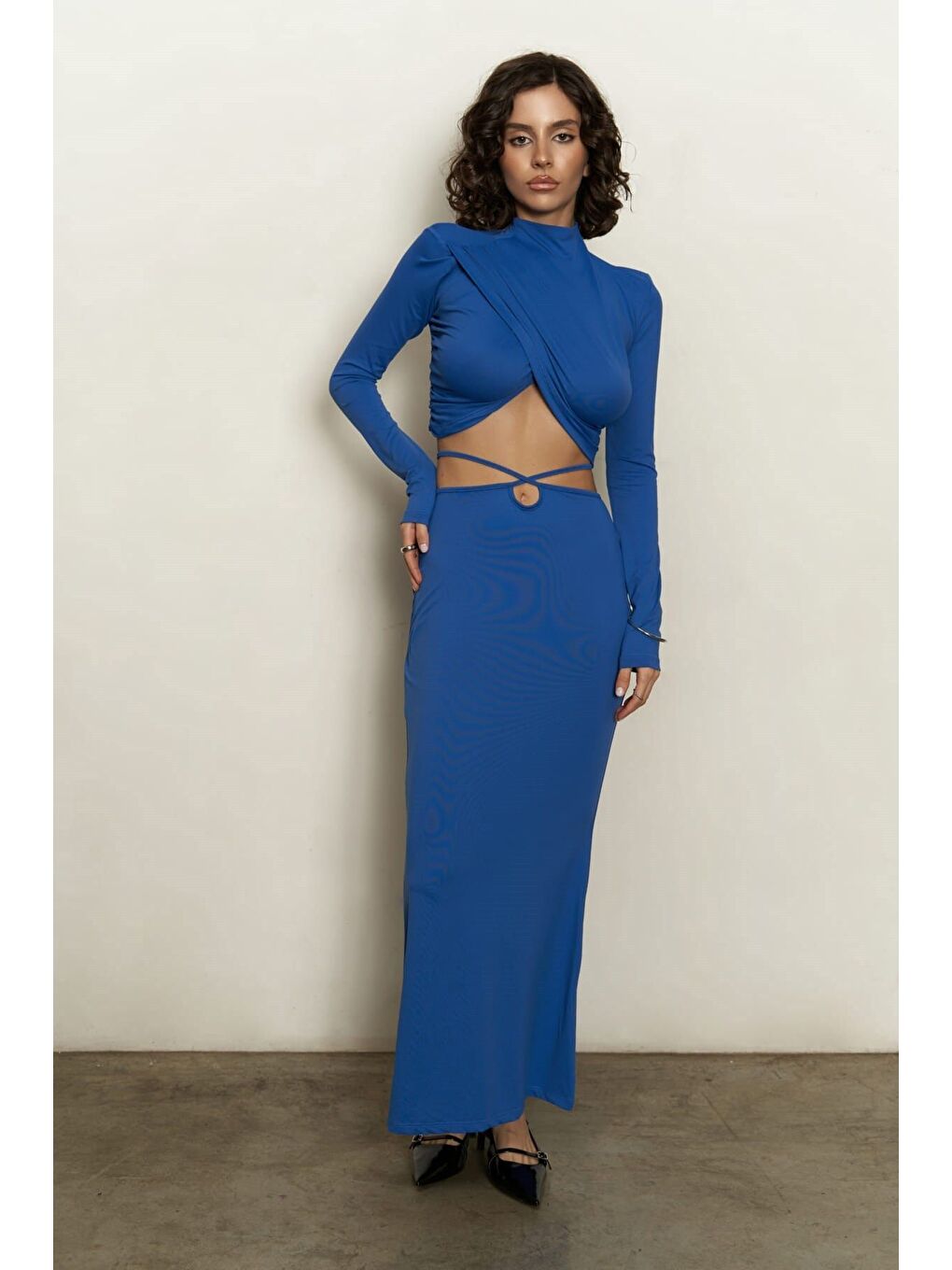 Kelsey İp Detay Saks Mavi Crop Etek Takım-1