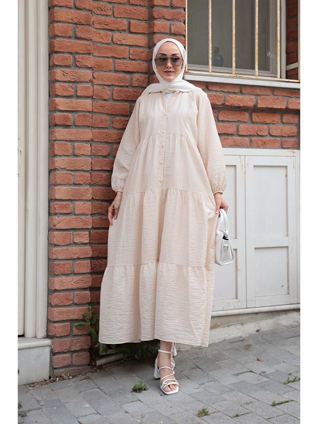 Ekru Kadın Kendinden Desenli Elbise Krem-3