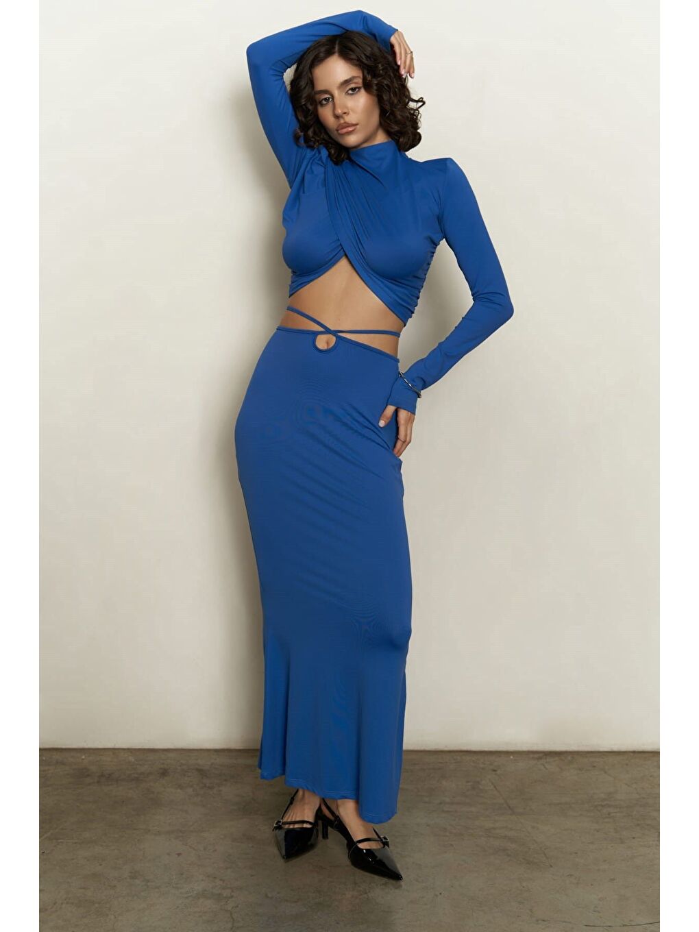 Kelsey İp Detay Saks Mavi Crop Etek Takım-2