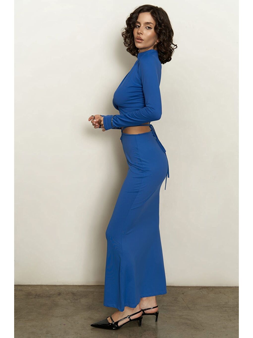 Kelsey İp Detay Saks Mavi Crop Etek Takım-3