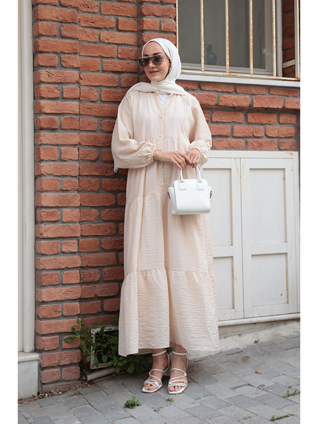 Ekru Kadın Kendinden Desenli Elbise Krem-4