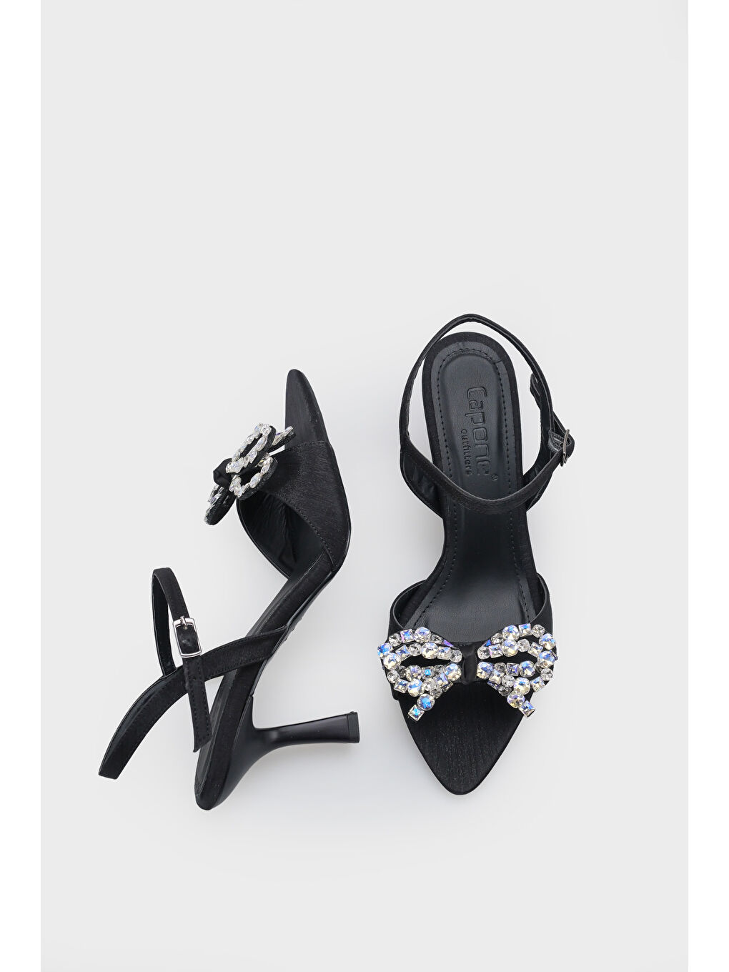 Siyah Cissie Sivri Burunlu Taşlı Bilekten Bantlı Saten Orta Topuklu Kadın Ayakkabı-4