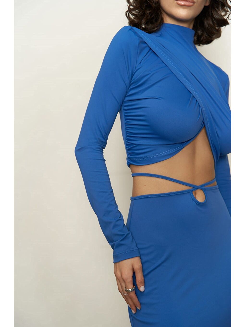 Kelsey İp Detay Saks Mavi Crop Etek Takım-5