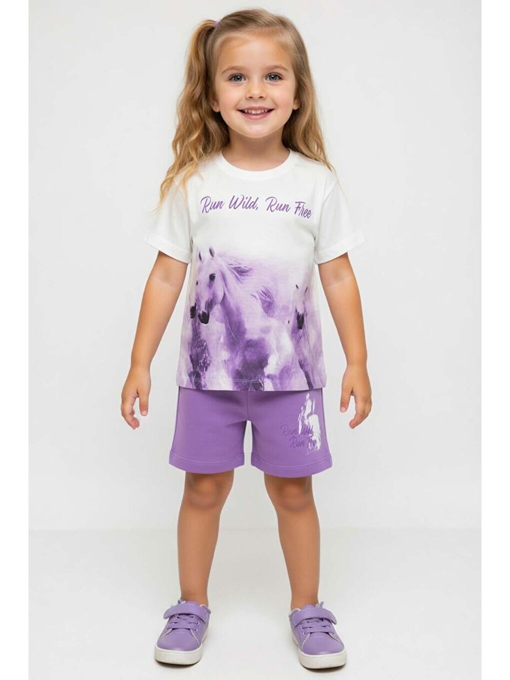 Kız Çocuk Run Wild Yazı ve At Baskılı Lila Şortlu Takım-2