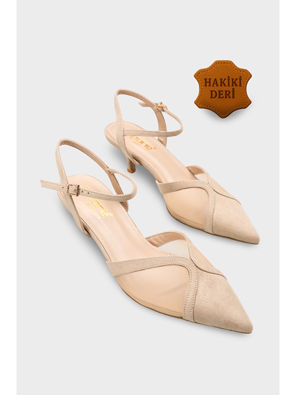 Bej Kathryn Hakiki Deri Astarlı Sivri Burunlu Orta Topuklu Fileli Arkası Açık Kadın Ayakkabı-1