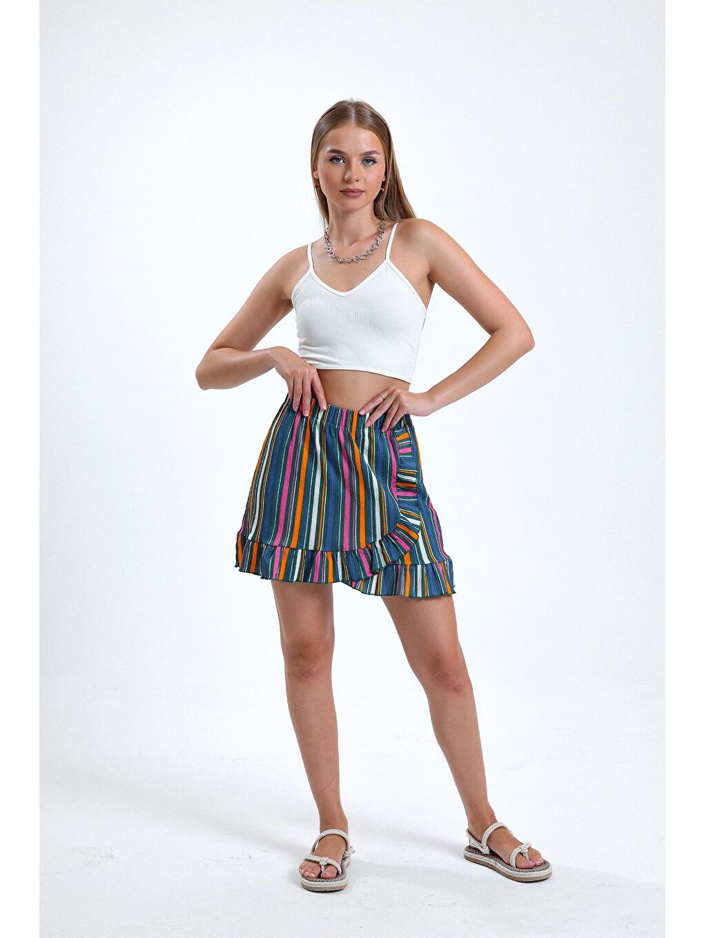 Haki Fırfır Detaylı Beli Lastikli Likralı Desenli Mini Boy Etek