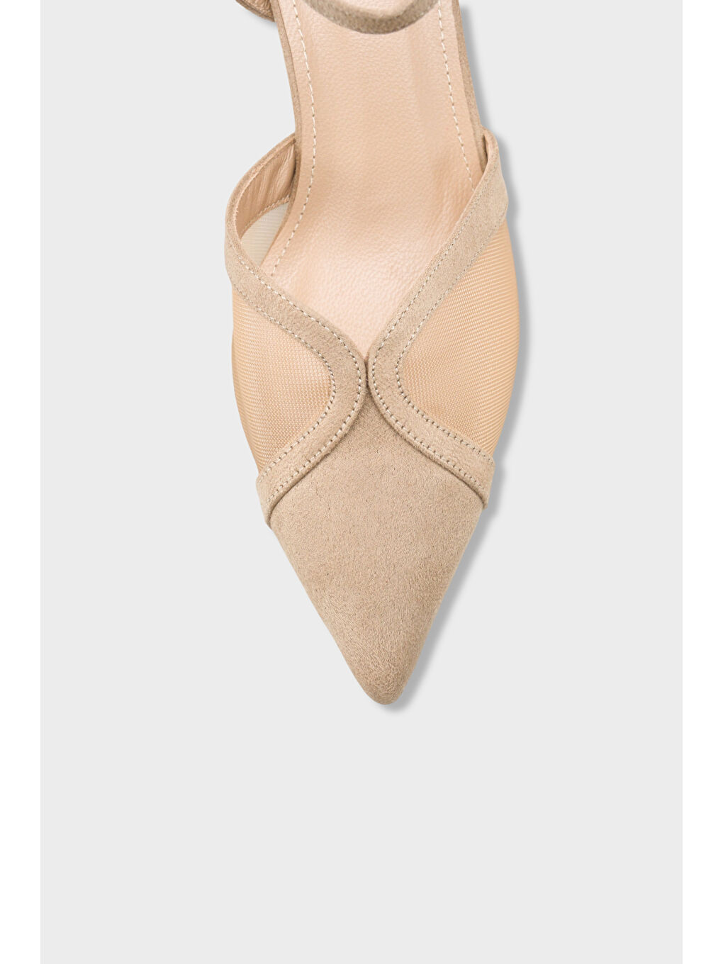 Bej Kathryn Hakiki Deri Astarlı Sivri Burunlu Orta Topuklu Fileli Arkası Açık Kadın Ayakkabı-2