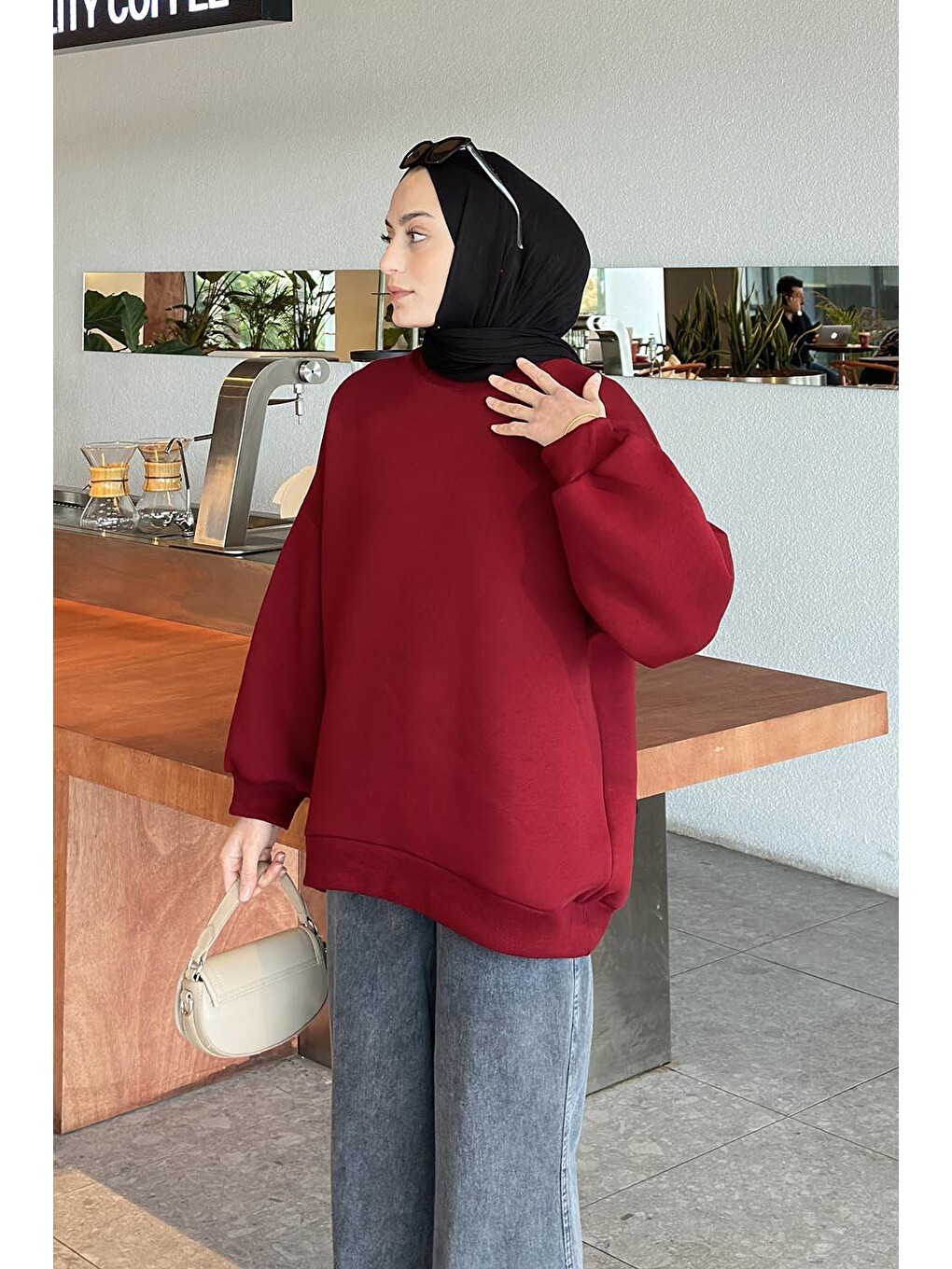 Jasmin Bisiklet Yaka Oversize Sweat Bordo-1