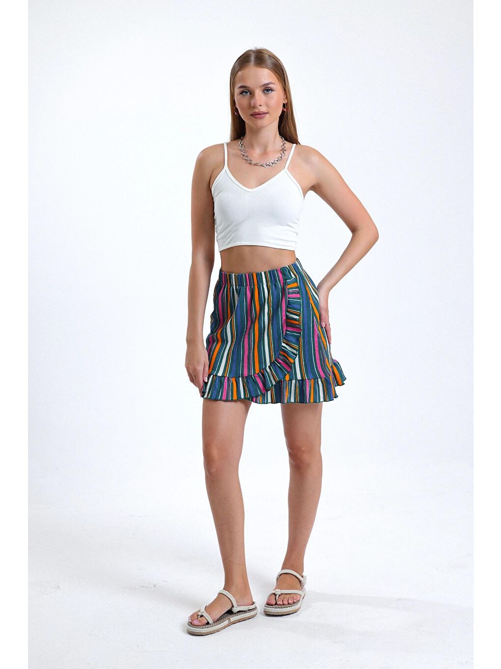 Haki Fırfır Detaylı Beli Lastikli Likralı Desenli Mini Boy Etek-1
