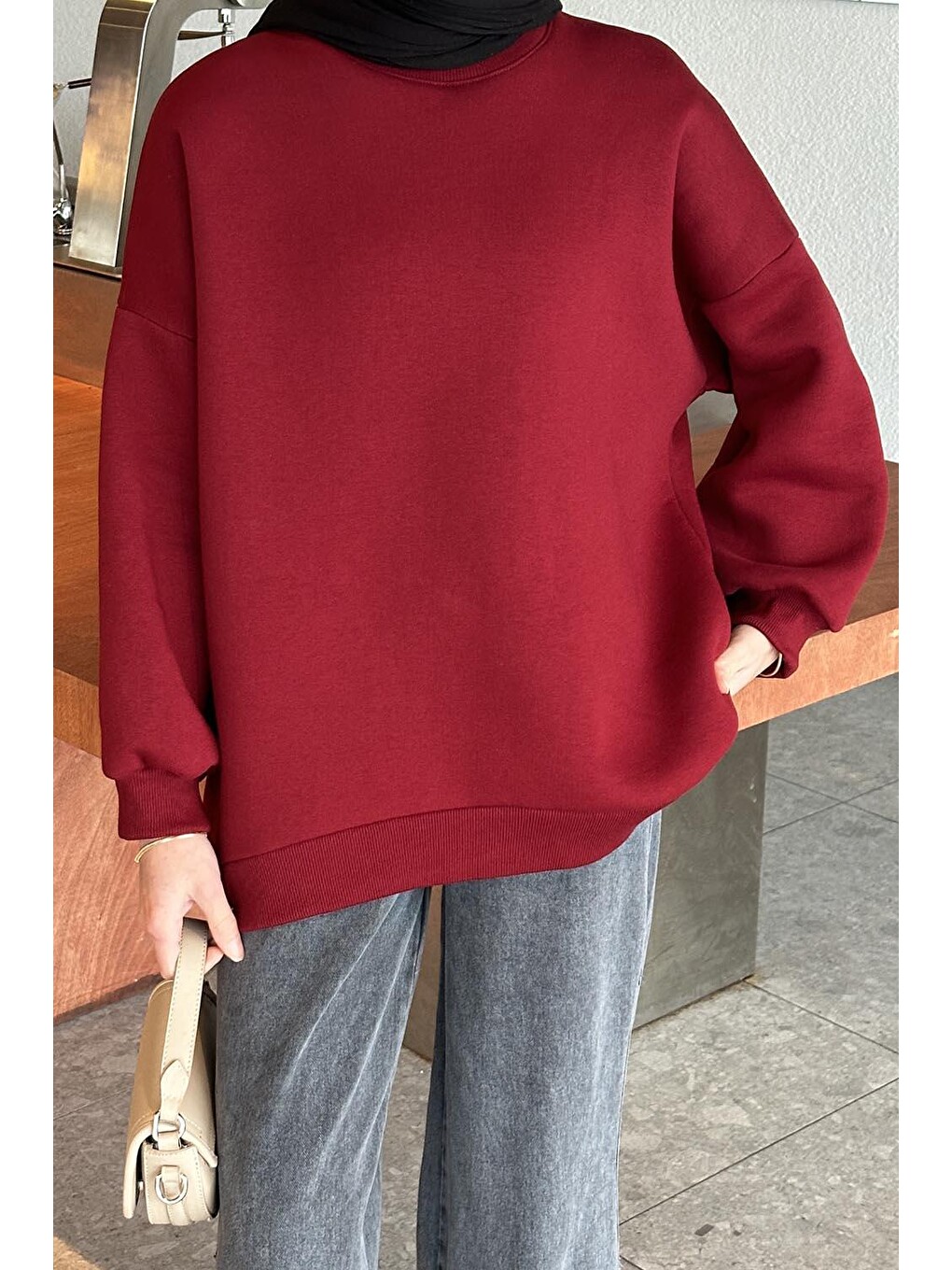 Jasmin Bisiklet Yaka Oversize Sweat Bordo-2