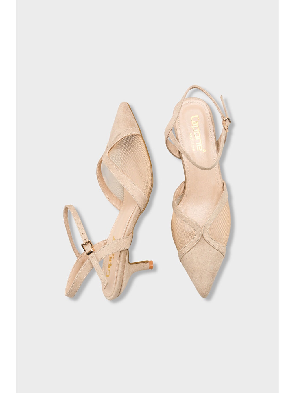 Bej Kathryn Hakiki Deri Astarlı Sivri Burunlu Orta Topuklu Fileli Arkası Açık Kadın Ayakkabı-4