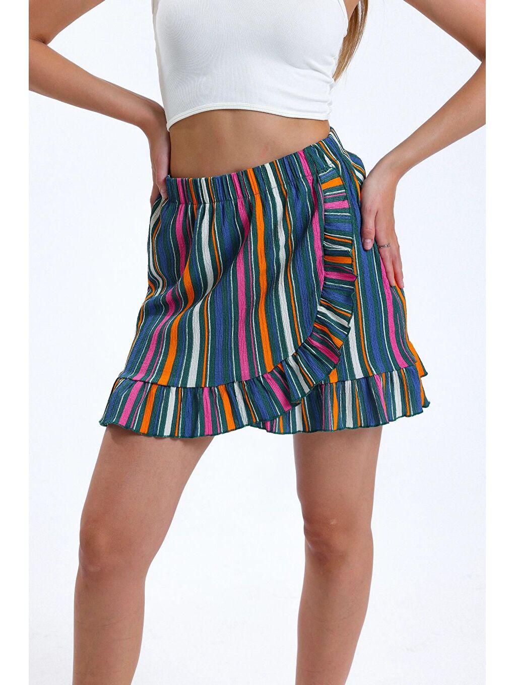 Haki Fırfır Detaylı Beli Lastikli Likralı Desenli Mini Boy Etek-2