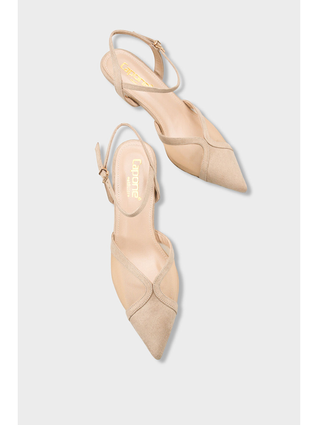 Bej Kathryn Hakiki Deri Astarlı Sivri Burunlu Orta Topuklu Fileli Arkası Açık Kadın Ayakkabı-5