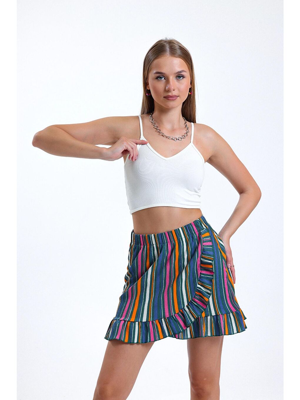 Haki Fırfır Detaylı Beli Lastikli Likralı Desenli Mini Boy Etek-3