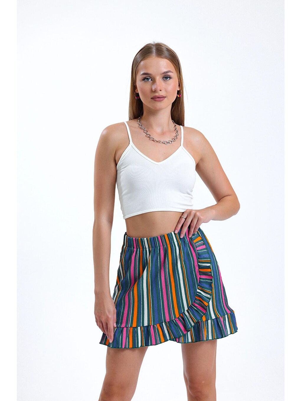 Haki Fırfır Detaylı Beli Lastikli Likralı Desenli Mini Boy Etek-4