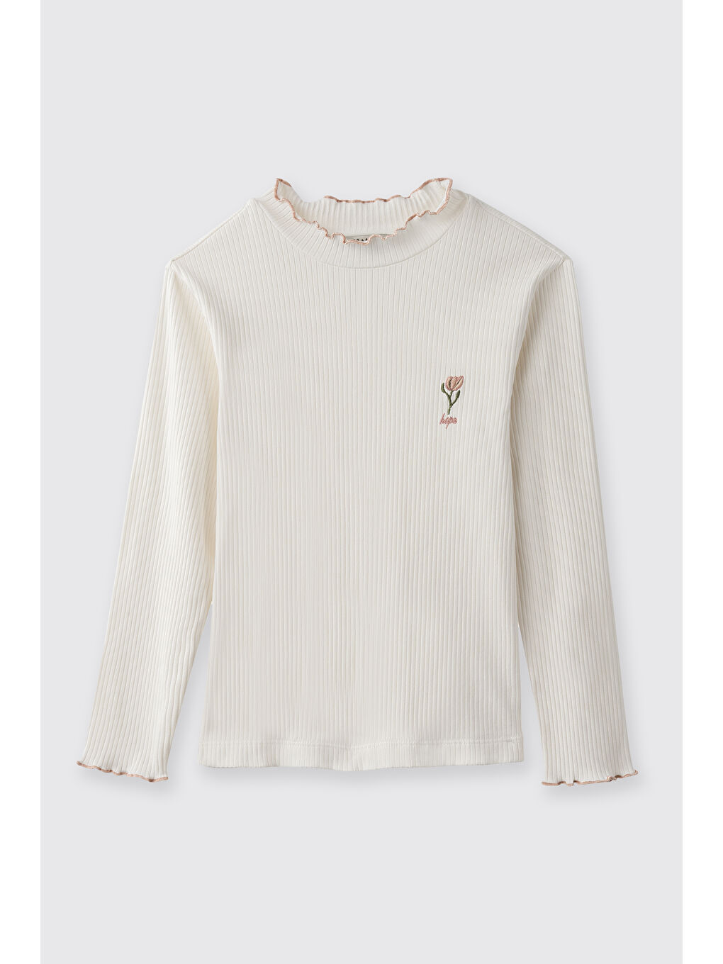 Kız Çocuk Yakası Ve Kol Ucu Dikişli Nakışlı Uzun Kollu Ekru Tişört-2