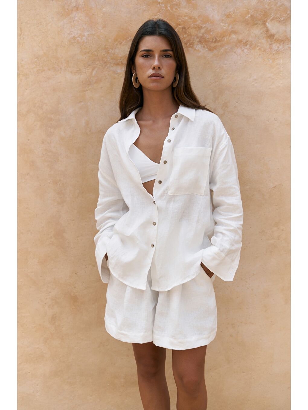 Gaelil Oversize Beyaz Keten Gömlek Şort Takım