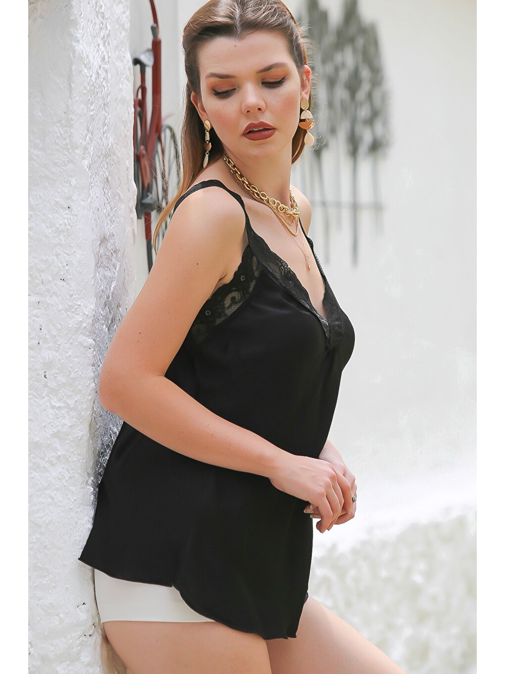 İtalyan Siyah Dantel Yaka Kolsuz Dokuma Casual İpek Bluz-5