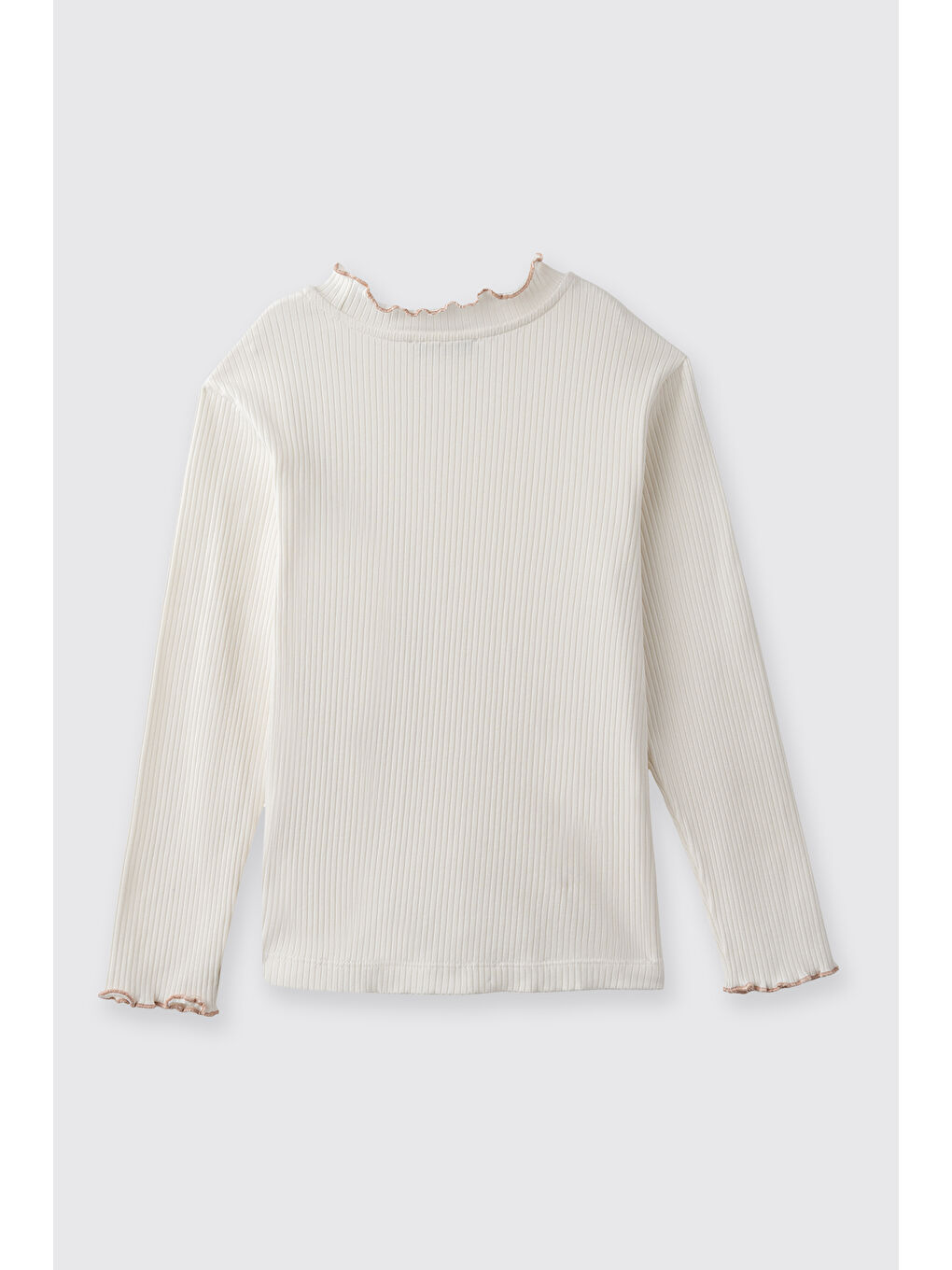 Kız Çocuk Yakası Ve Kol Ucu Dikişli Nakışlı Uzun Kollu Ekru Tişört-3