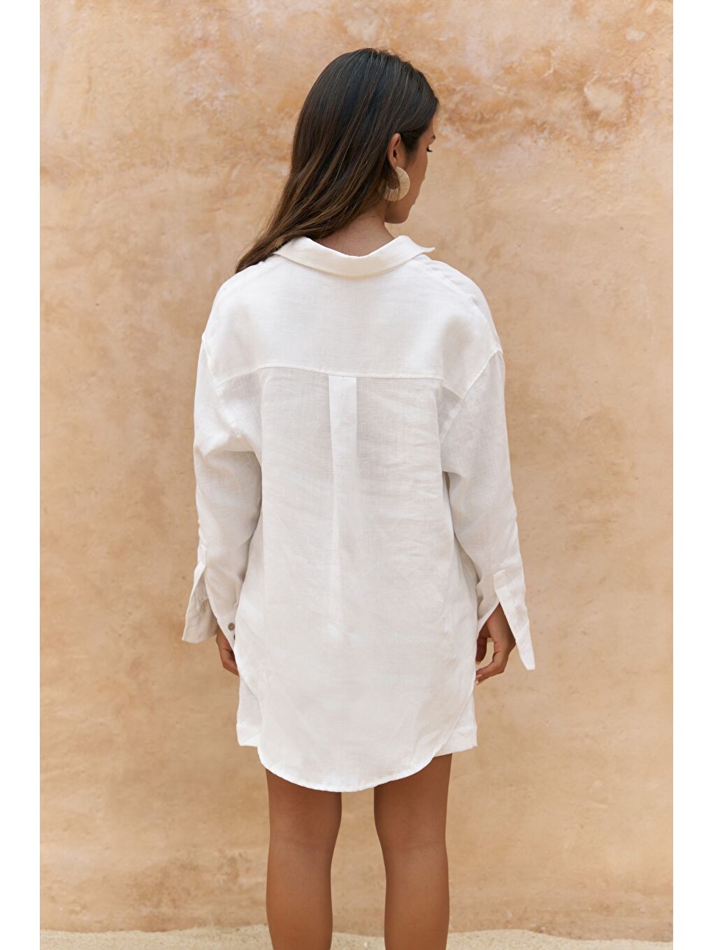 Gaelil Oversize Beyaz Keten Gömlek Şort Takım-2