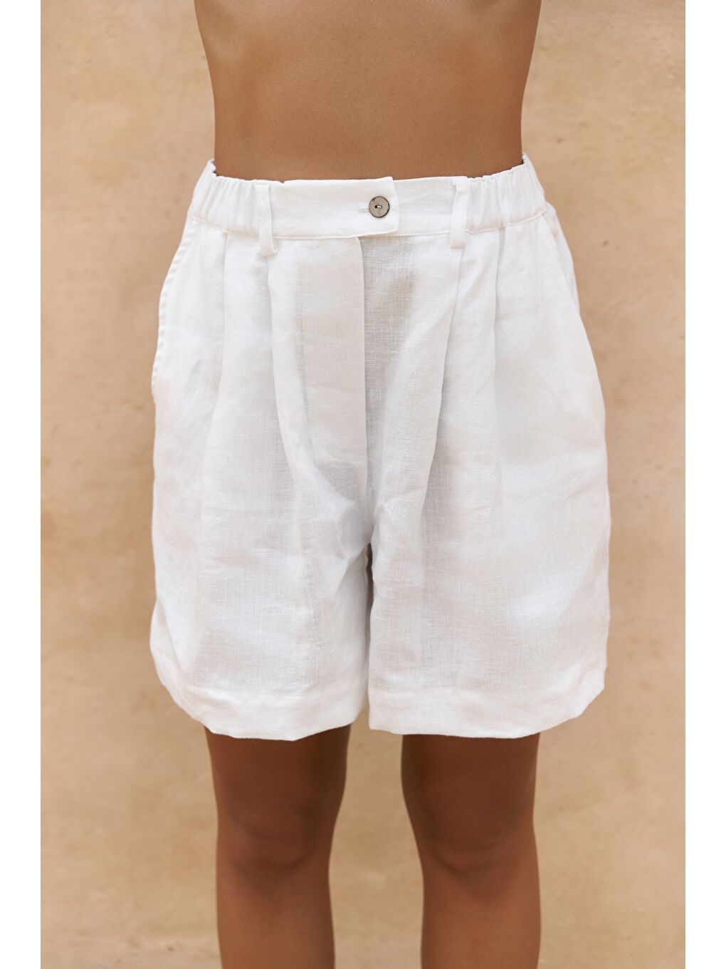 Gaelil Oversize Beyaz Keten Gömlek Şort Takım-3