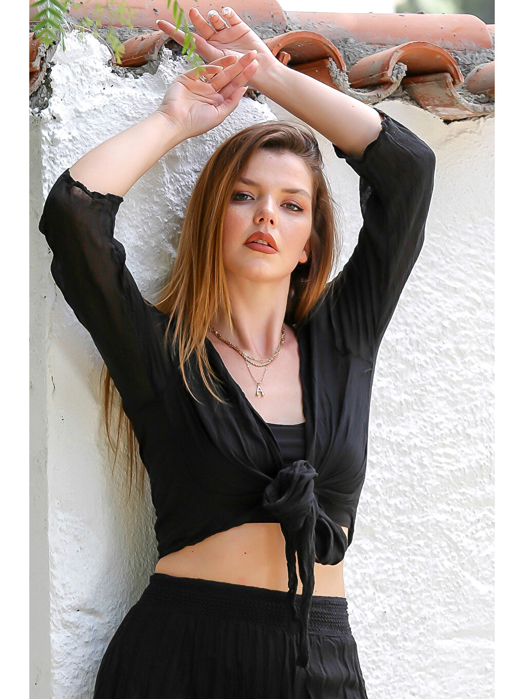 Organik Pamuk Siyah 3/4 Kol Bağlamalı Dokuma Crop Fit Casual Bluz