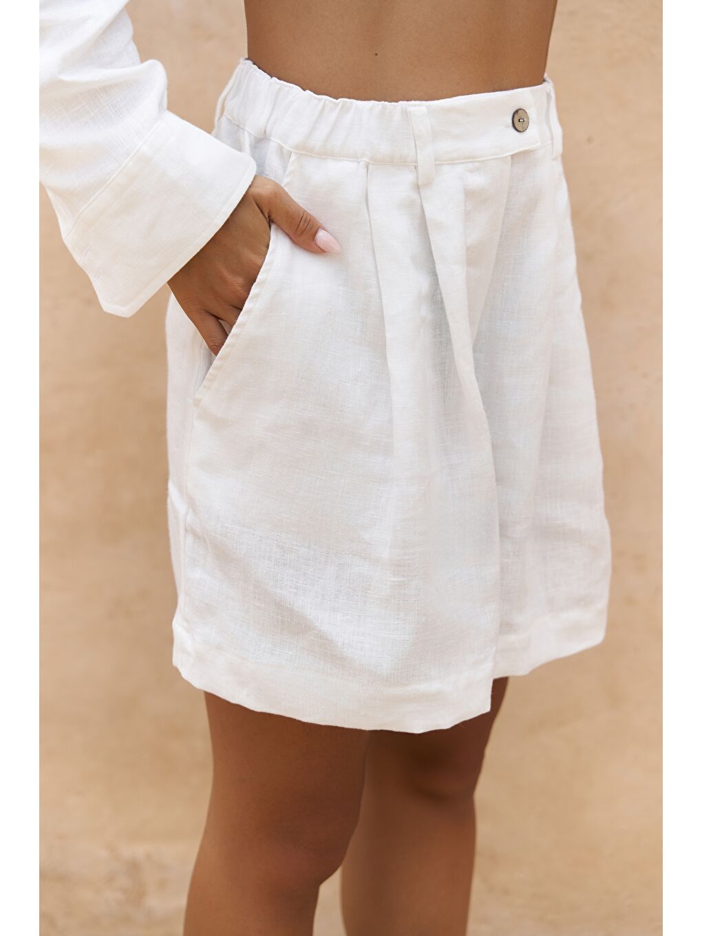 Gaelil Oversize Beyaz Keten Gömlek Şort Takım-4