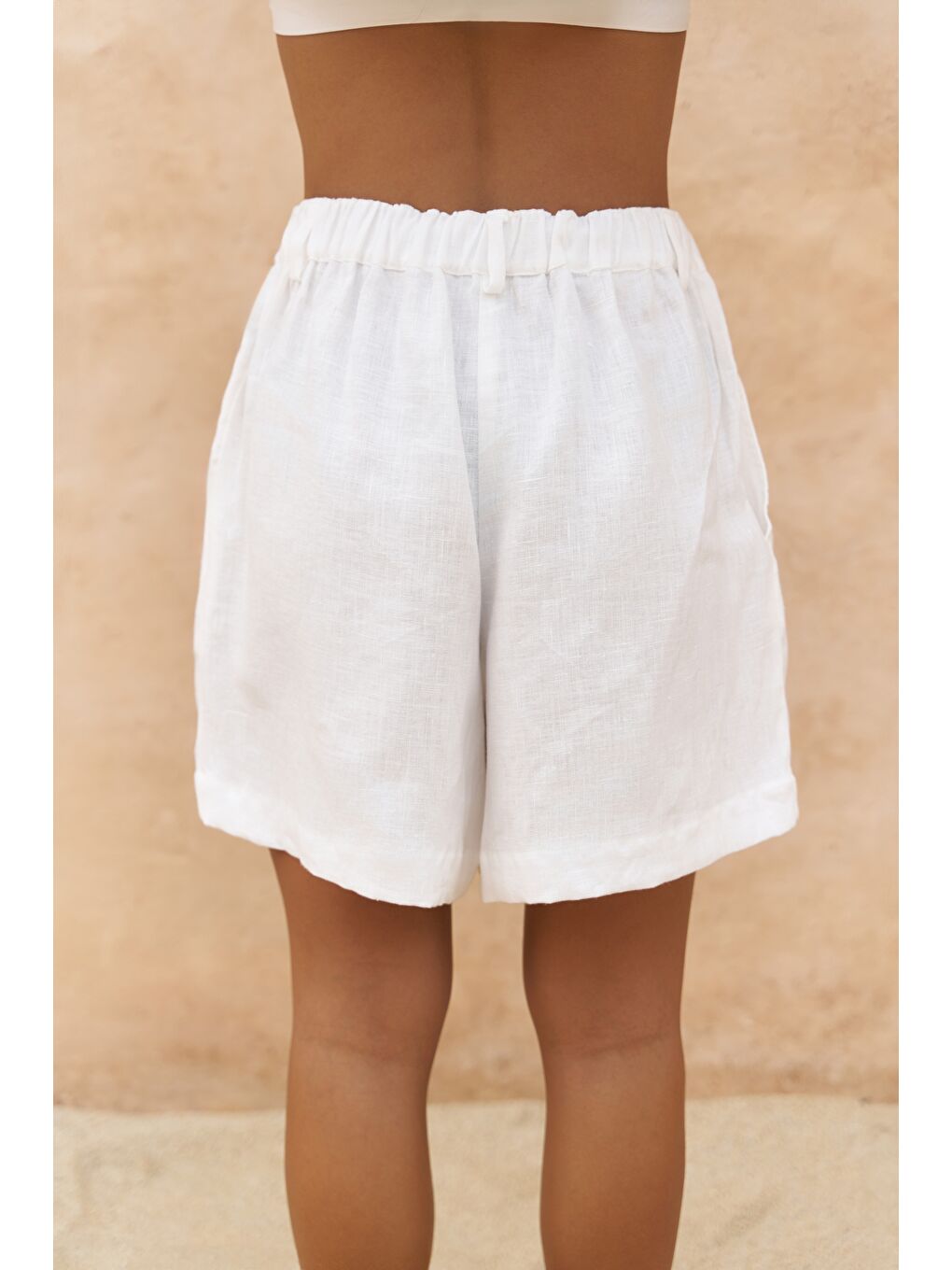 Gaelil Oversize Beyaz Keten Gömlek Şort Takım-5