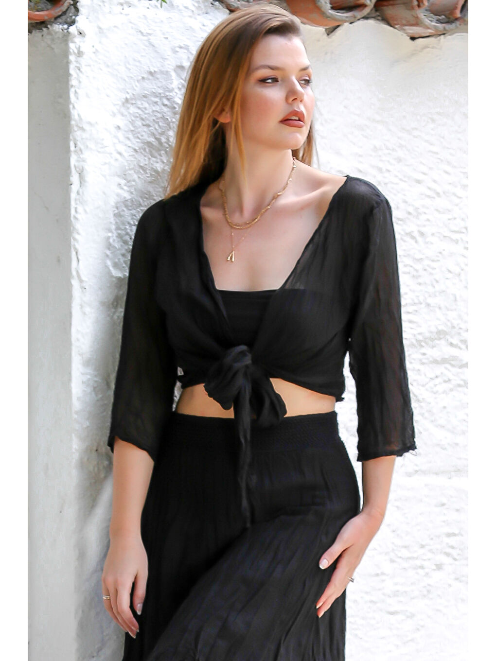 Organik Pamuk Siyah 3/4 Kol Bağlamalı Dokuma Crop Fit Casual Bluz-4